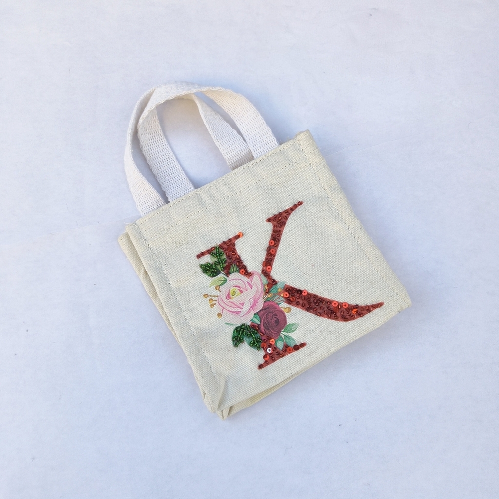 CANVAS Mini Tote Bag Monogram K Floral 100% Cotton 6 Inch